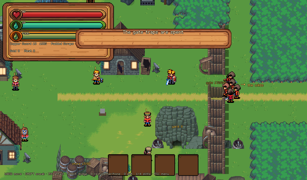 Raiders at a gate defended by traps and a ballista