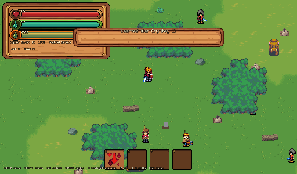 The proto-town: gather nodes, sacks, and two quest-giving recruits
