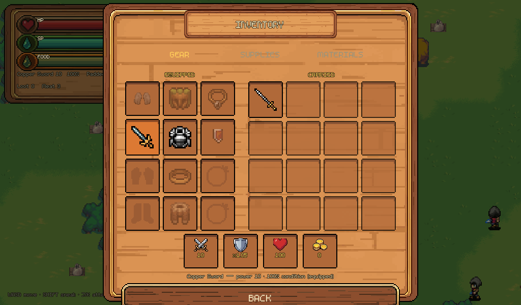 The inventory screen: item grid with meat, berries, potions, tusks, and a carried sword