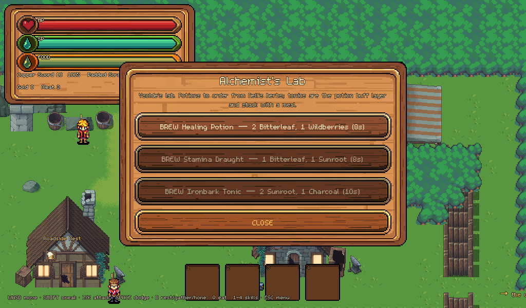 The Alchemist's Lab menu: brews, still, cabinet, tonics