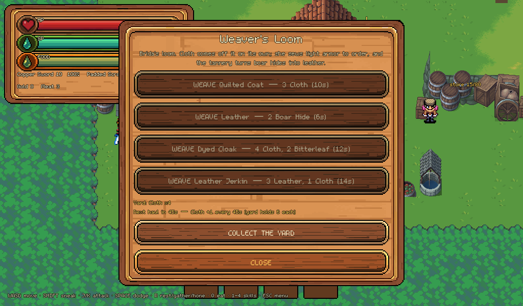 The Weaver's Loom menu: weave, tan, dye